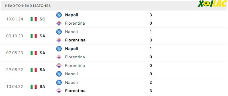 Thành tích đối đầu Fiorentina vs Napoli